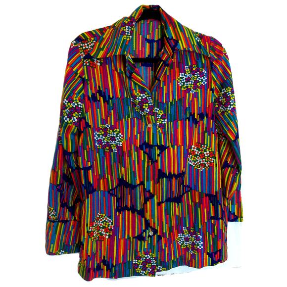 Vintage Colorful Neon Abstract Graphic Dagger Collar Psychedelic Top Blouse READ - Picture 1 of 7